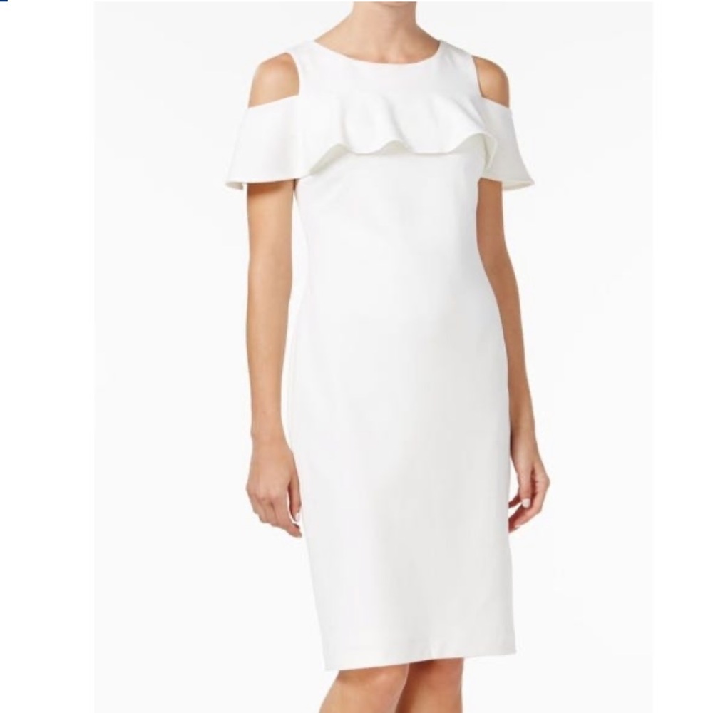 White Cold Shoulder Ruffle Midi Dress